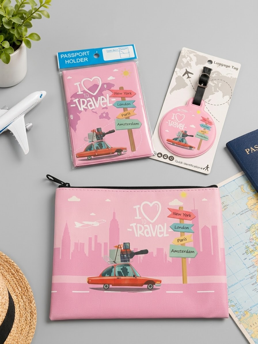 I Love To Travel roze 3-delige vakantieaccessoiresset